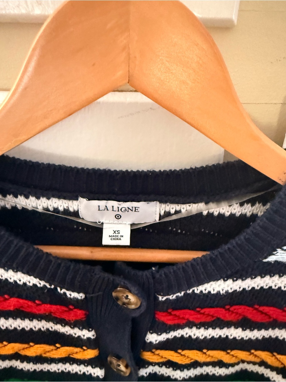 La Ligne Navy Striped Cable-Knit Cardigan with Red, Green & Yellow Accents - Picture 7 of 7